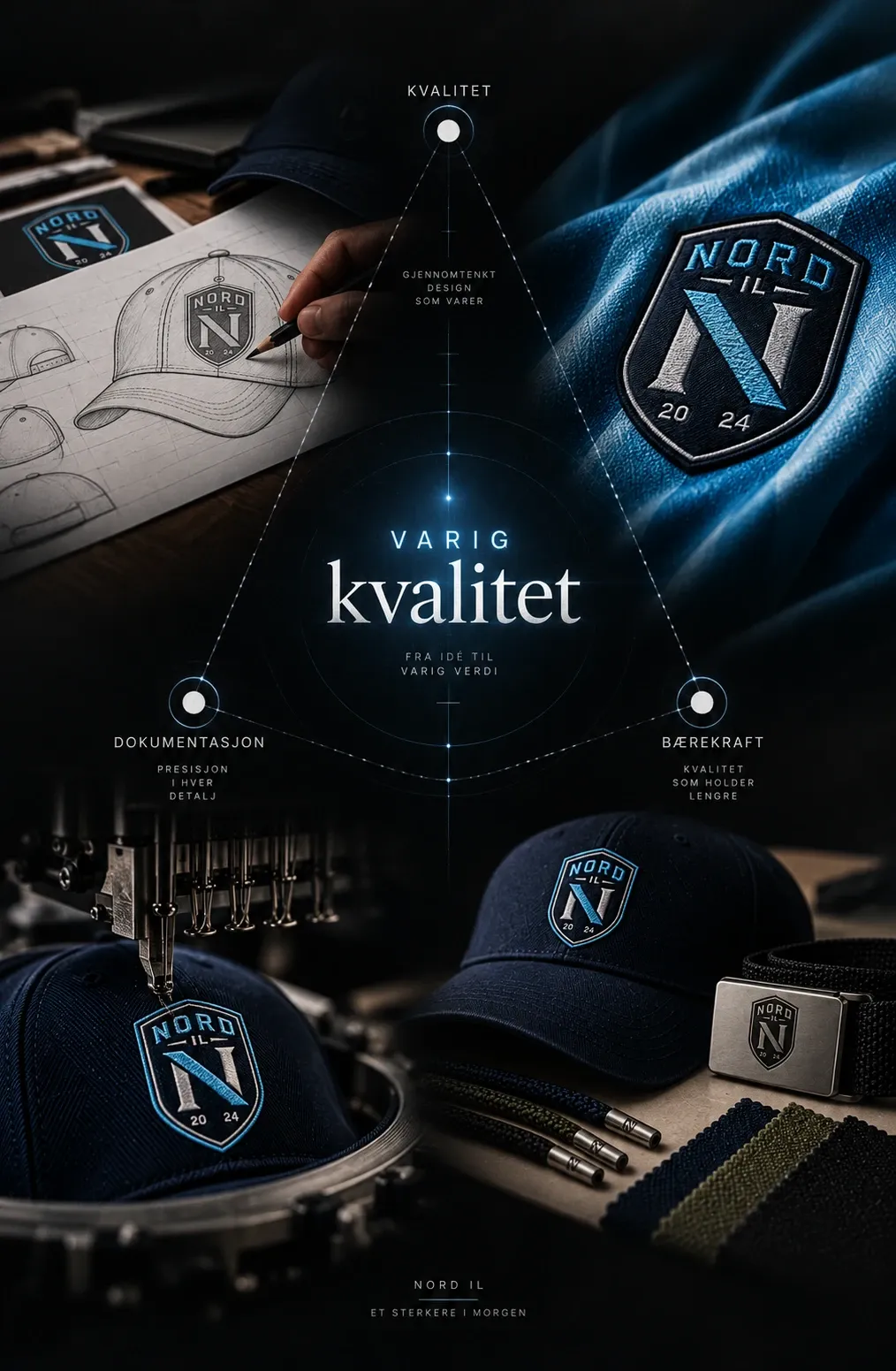 Kvalitet, dokumentasjon og bærekraft som tre hjørner rundt «Varig kvalitet» — skisse av en Nord IL-caps, brodert klubbmerke, broderimaskin i arbeid og materialprøver.