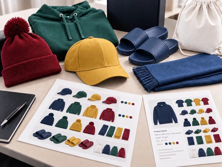 Lue, hettegenser, caps, slippers, skjerf og gymsekk i ulike farger på et bord, med produktark som viser fargevalgene.