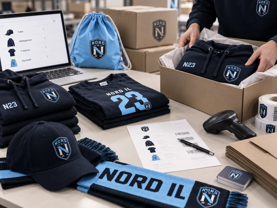 Pakking av Nord IL-produkter i esker, med TeamShop-bestillingene på en laptop.