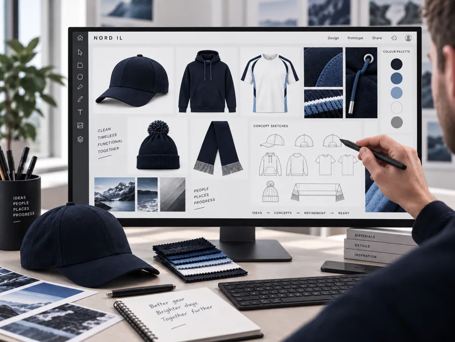 Designer ved en skjerm med Nord IL-produkter, fargepalett og skisser.